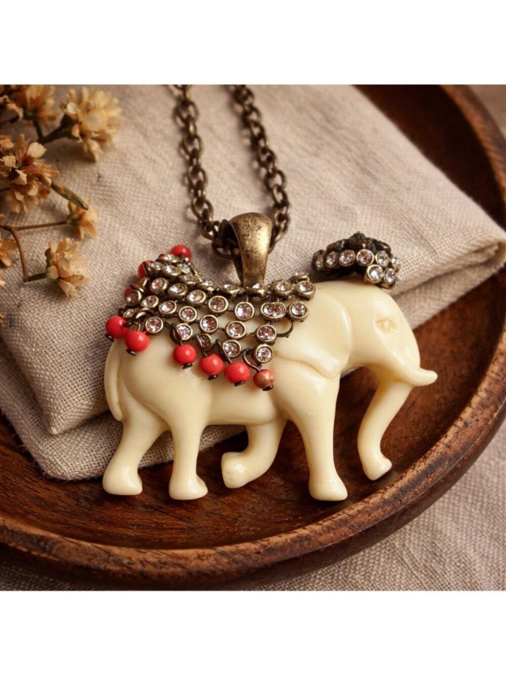 J.Crew Elephant Necklace Statement Pendant Boho Vintage style Patina - Picture 2 of 11